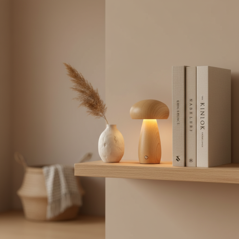 Wooden mushroom lamp on a shelf with books and a vase against a beige wall.
