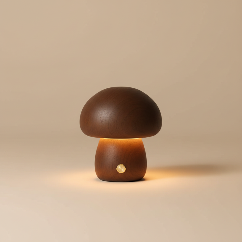Mushroom-shaped lamp with a warm glow on a beige background
