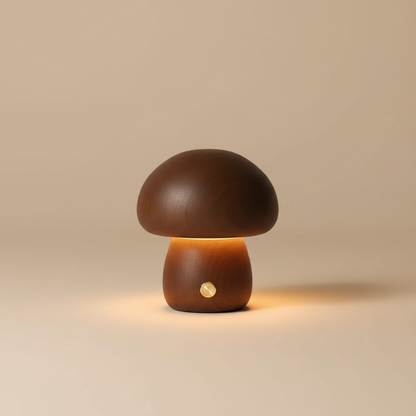 Mushroom-shaped lamp with a warm glow on a beige background