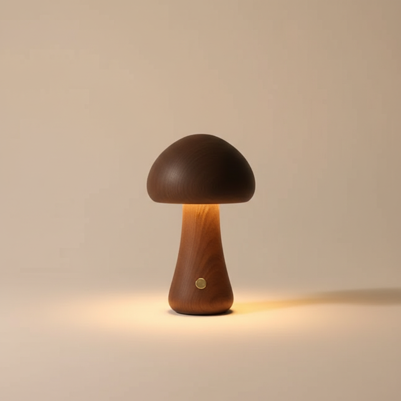 Wooden mushroom-shaped lamp on a beige background