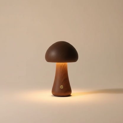 Wooden mushroom-shaped lamp on a beige background