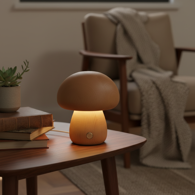 Mushroom-shaped lamp on a wooden table with a cozy living room background