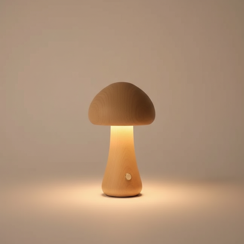 Mushroom-shaped lamp emitting a warm glow on a beige background