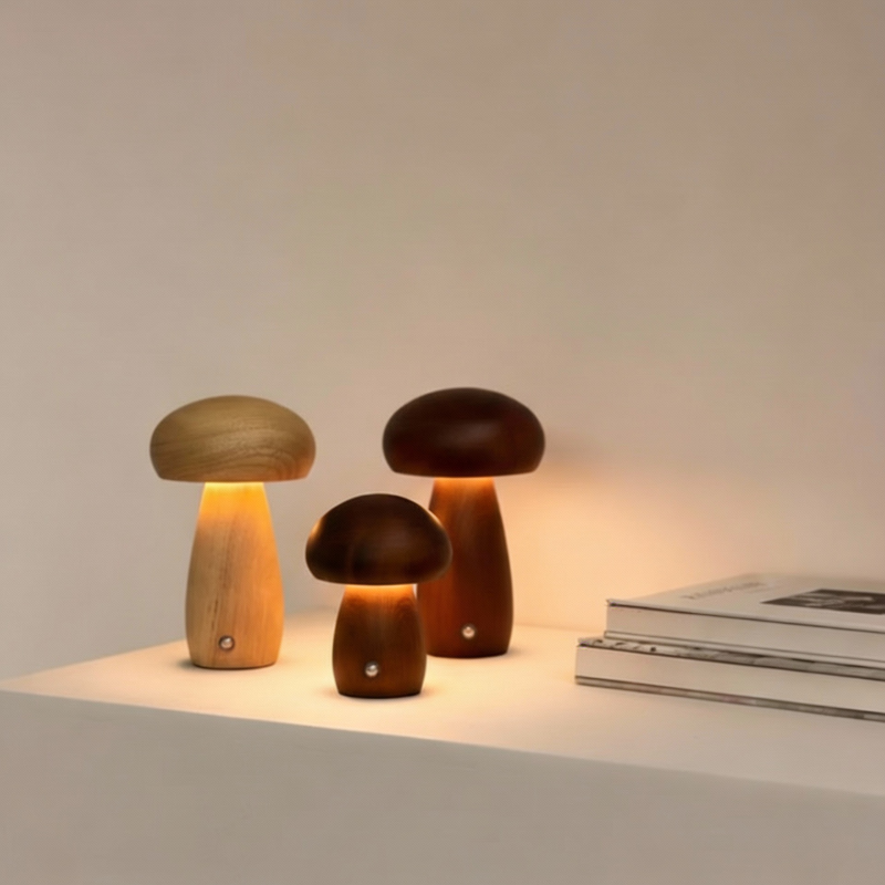 Three mushroom-shaped lamps on a light surface with a neutral background