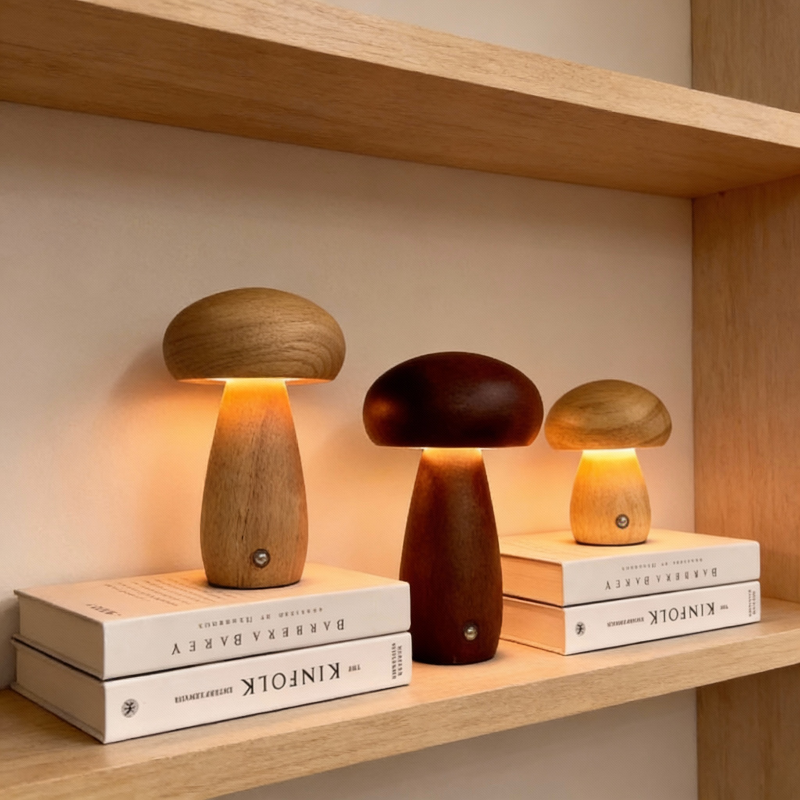 Three wooden mushroom lamps on books with a warm glow on a wooden shelf.