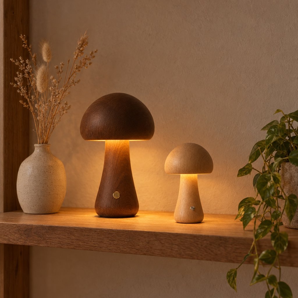 Large dark walnut wooden mushroom table lamp and a small light oak mushroom lamp both glowing warm on a wooden shelf beside a cream vase with dried grasses and a trailing green plant