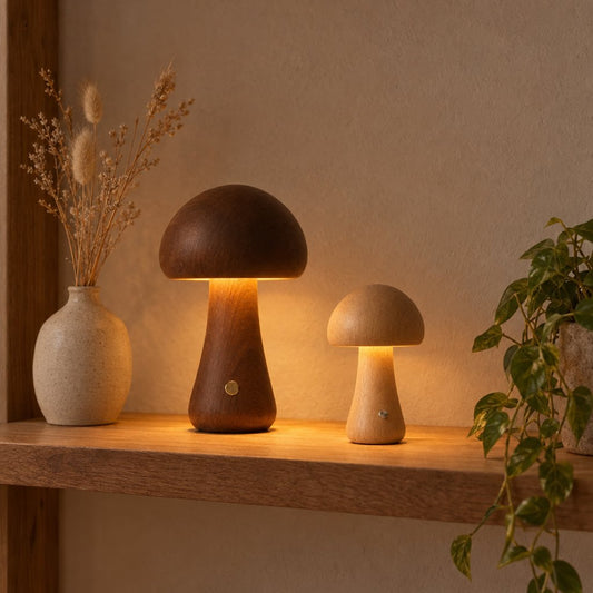 Large dark walnut wooden mushroom table lamp and a small light oak mushroom lamp both glowing warm on a wooden shelf beside a cream vase with dried grasses and a trailing green plant