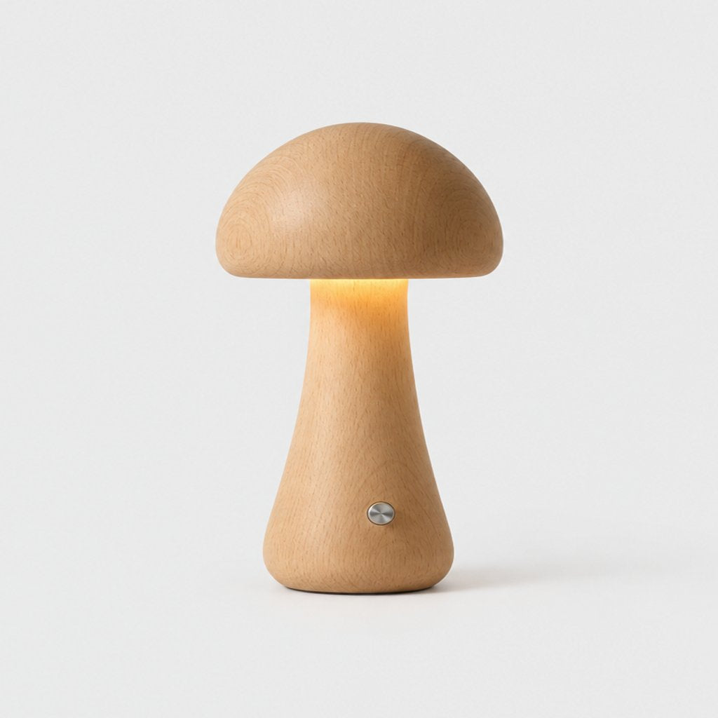 Large light oak wooden mushroom table lamp with a tall stem, a warm glow and a small metal button on a light grey background