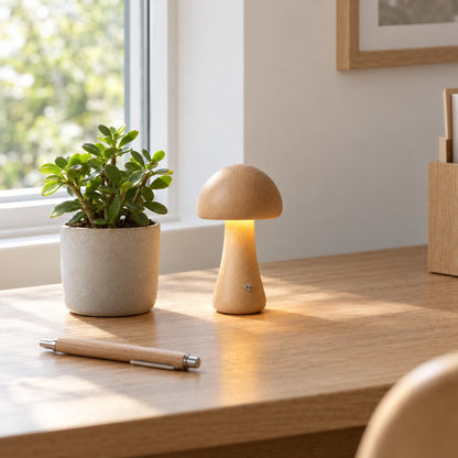Small light oak wooden mushroom table lamp glowing warm on a wooden desk beside a potted green plant, a pen and a window
