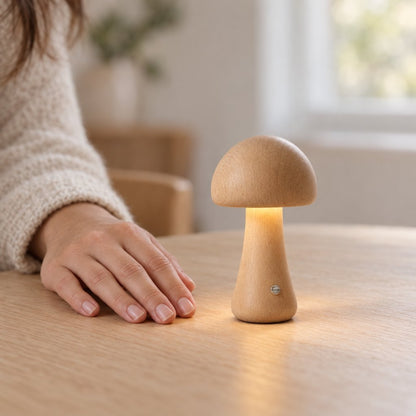Small light oak wooden mushroom table lamp glowing warm on a light wood table with a hand resting beside it to show its size