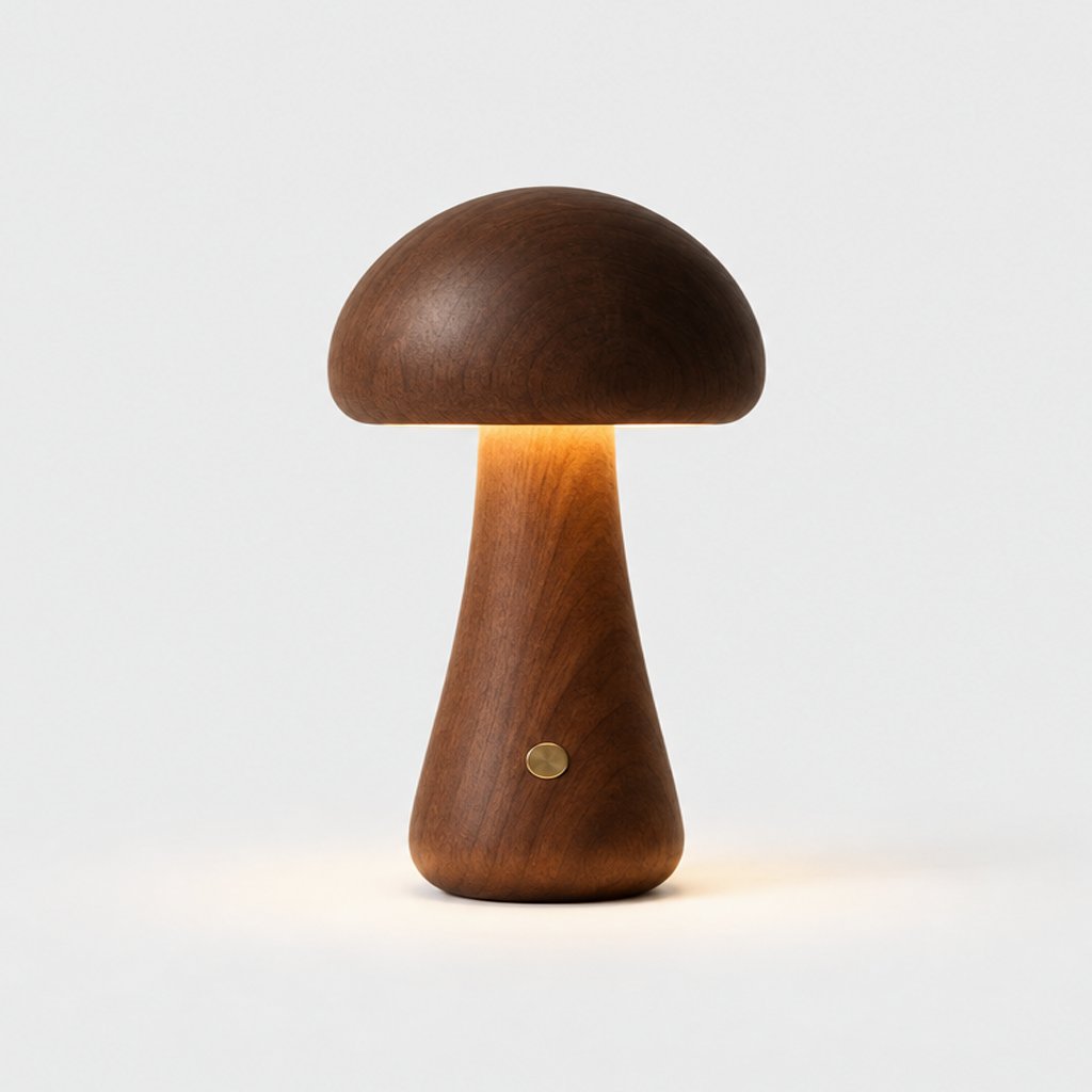 Large dark walnut wooden mushroom table lamp with a tall stem, a warm glow and a brass button on a light grey background