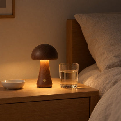 Dark walnut wooden mushroom table lamp glowing warm on a light wood bedside table beside a glass of water and a small white dish with a bed behind