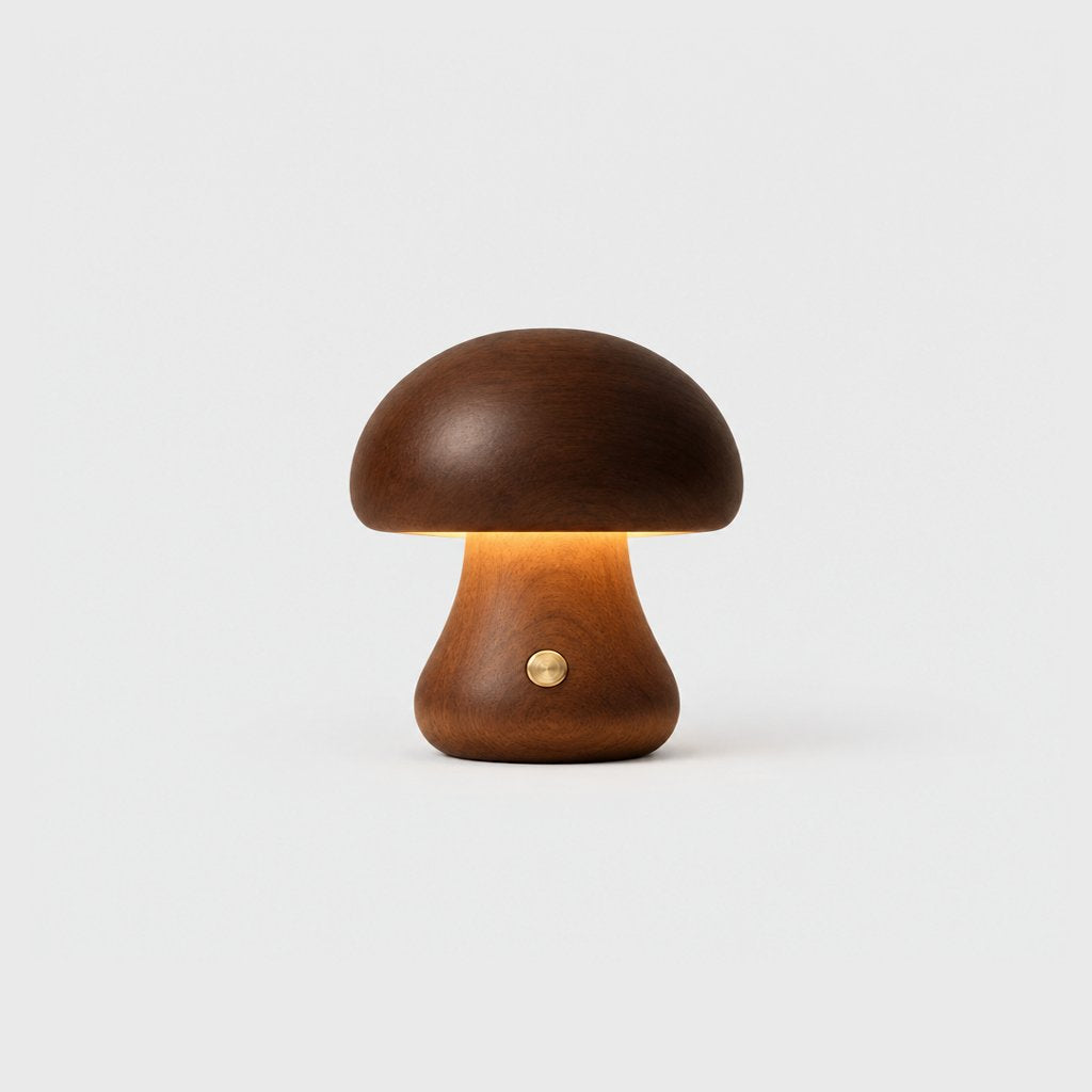 Small dark walnut wooden mushroom table lamp with a warm glow and a brass button on a light grey background