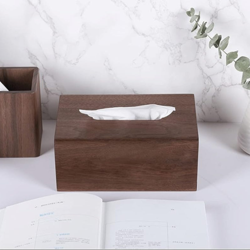 legant wooden tissue box cover on a bedside table, offering a sophisticated touch to bedroom decor.