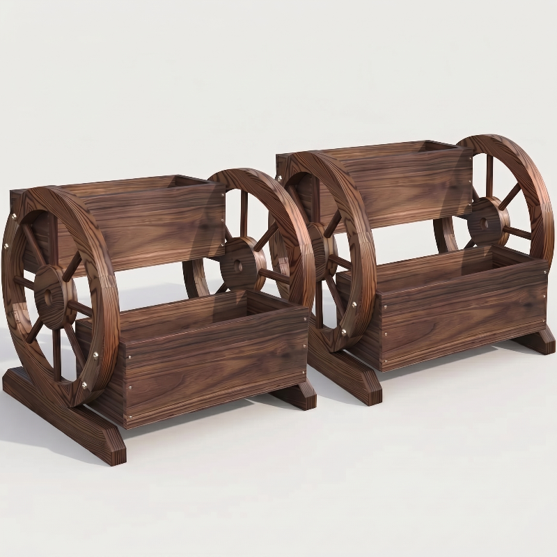 Set of two wooden wagon garden planter boxes on white background
