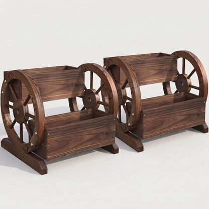 Set of two wooden wagon garden planter boxes on white background