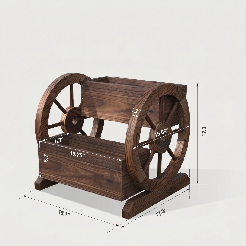 Wooden wagon garden planter box on white background