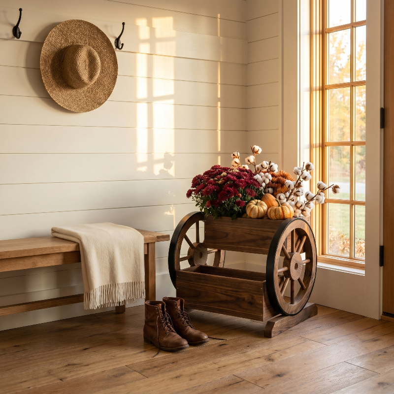 Wooden wagon garden planter box with flowers in bright entryway