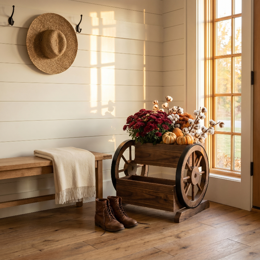 Wooden wagon garden planter box with flowers in bright entryway
