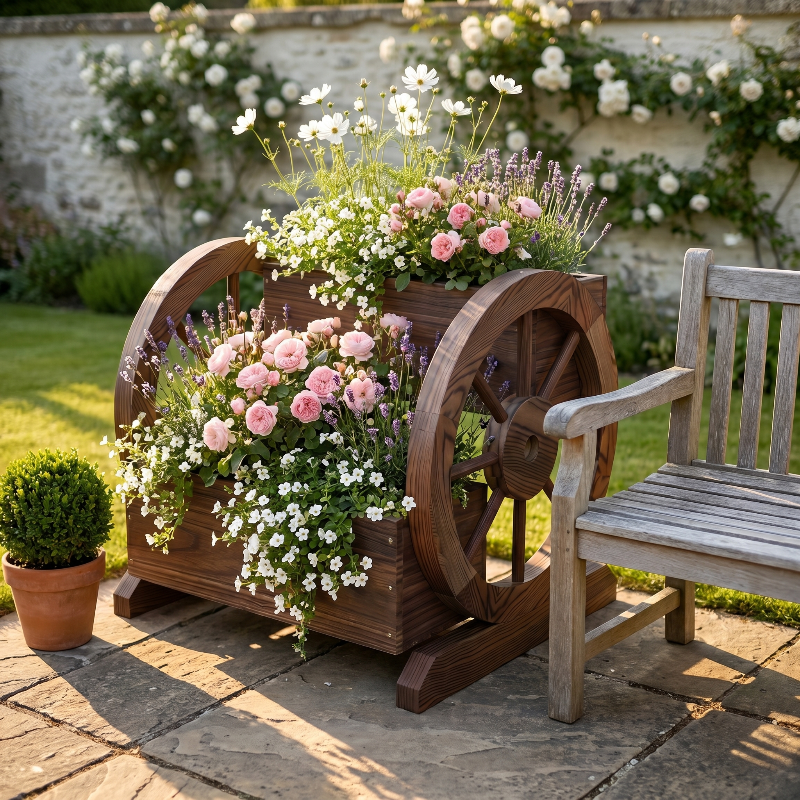 Wooden wagon garden planter box filled with flowers beside outdoor bench