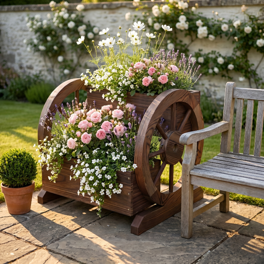 Wooden wagon garden planter box filled with flowers beside outdoor bench