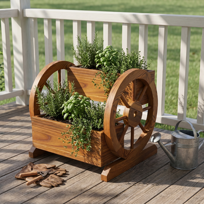Wooden wheel planter with plants on a wooden deck