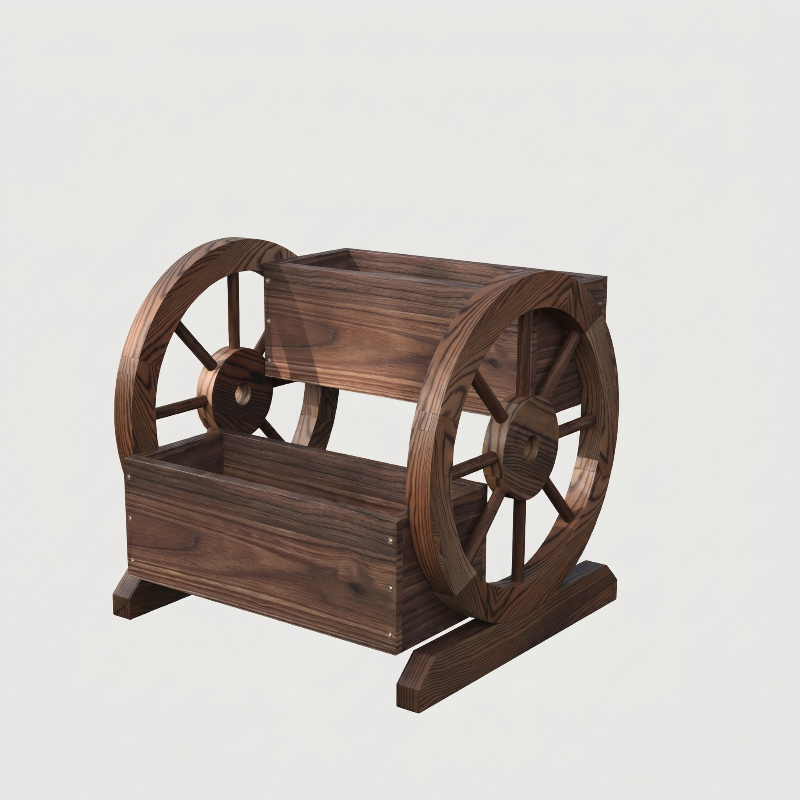 Wooden wagon garden planter box on white background angled view