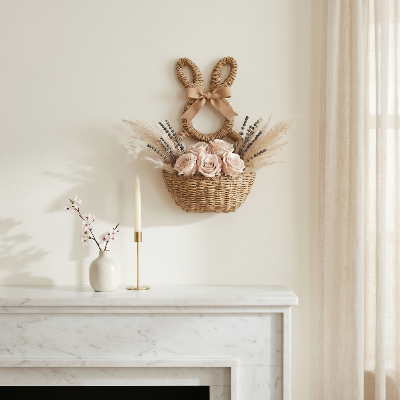 Woven bunny wall basket on mantel in bright neutral interior