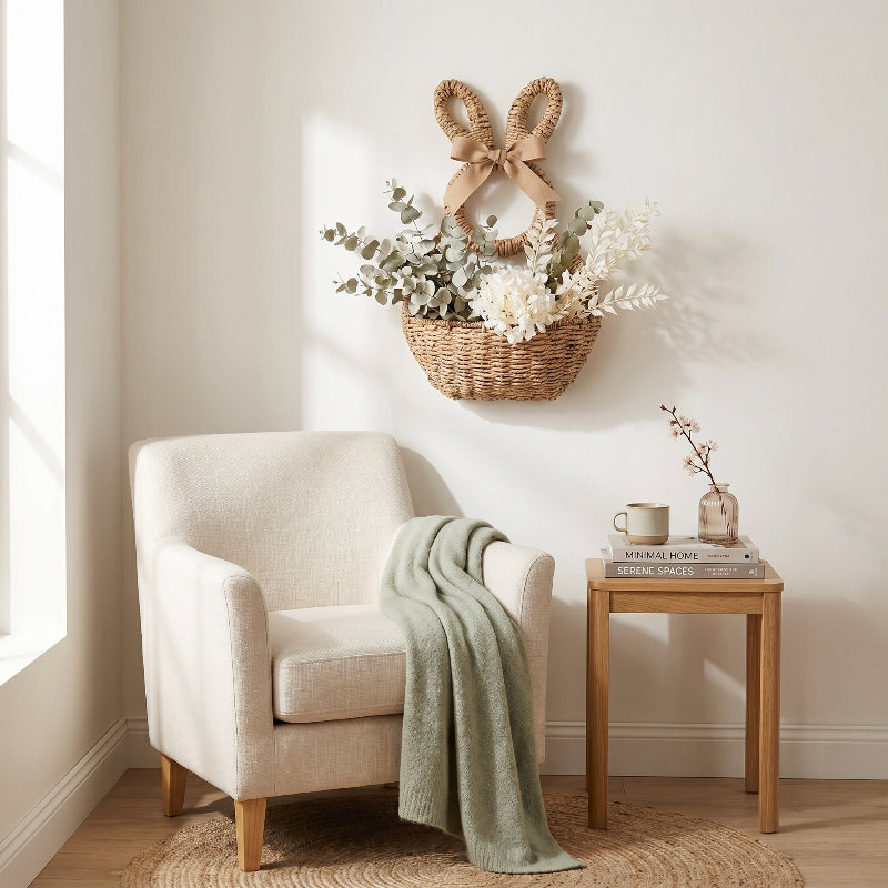 Woven bunny wall basket above side table with vase and blanket