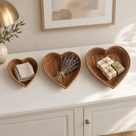 Three woven heart baskets on a white sideboard holding a folded linen napkin, a bunch of lavender and wrapped soap bars, with a framed print and brass lamp above