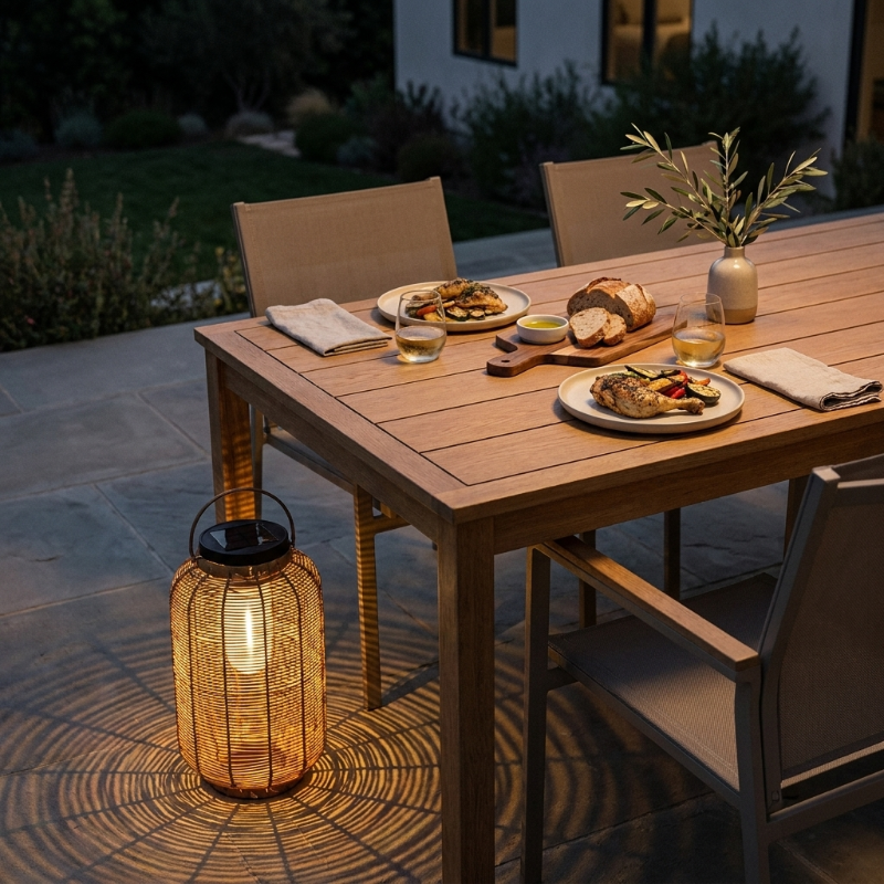 Woven rattan solar floor lantern on outdoor dining patio at dusk