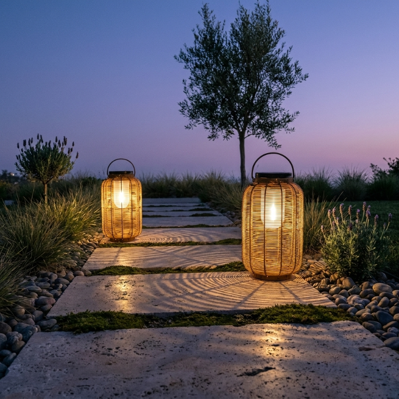 Woven rattan solar floor lanterns lining garden path at twilight