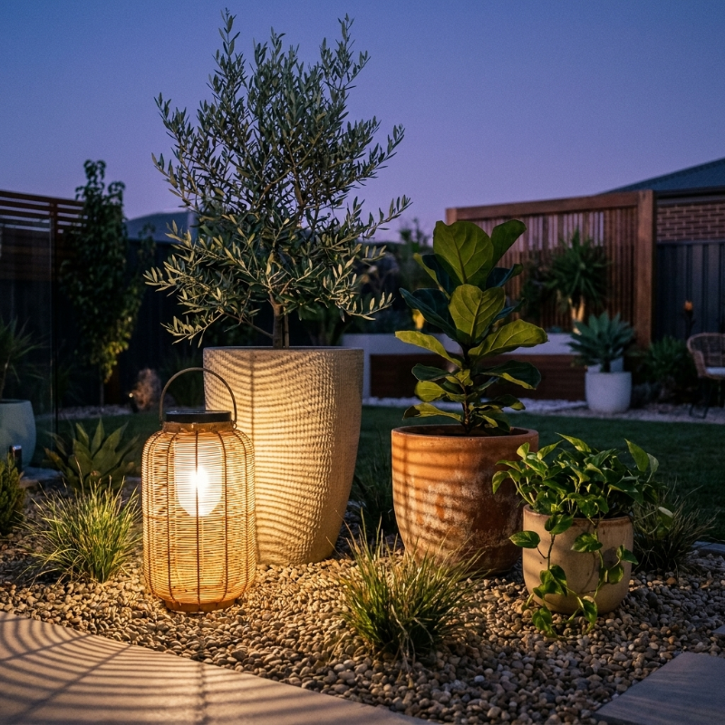 Woven rattan solar floor lanterns on patio beside outdoor dining table