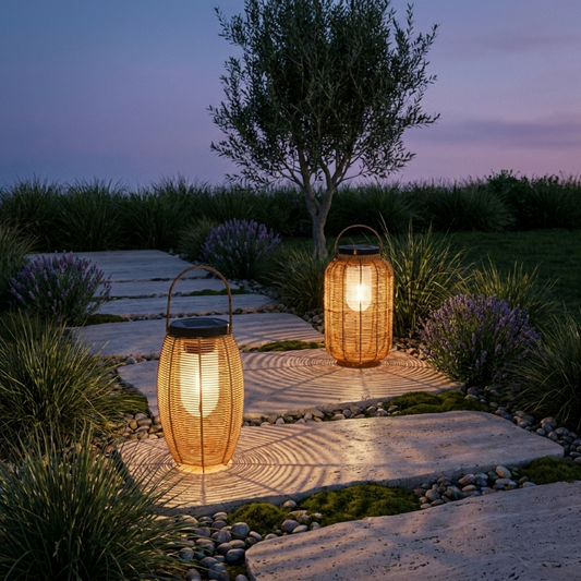 Woven rattan solar floor lantern on deck beside outdoor steps