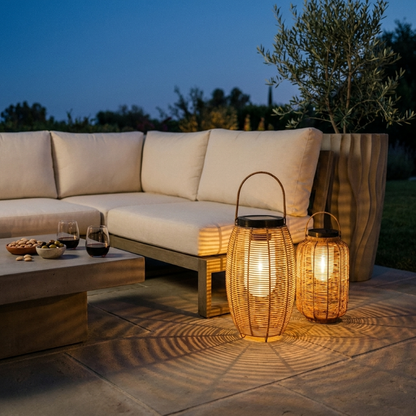 Woven rattan solar floor lantern hanging by handle on white background