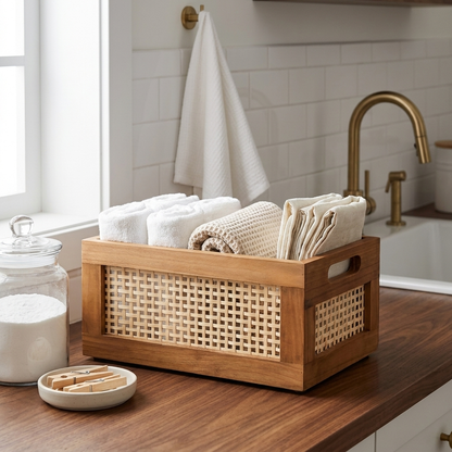 Woven Rattan Storage Basket in a bathroom holding rolled towels for natural-texture organization