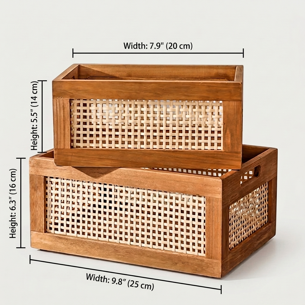 Woven Rattan Storage Basket dimensions diagram showing height and diameter in inches and centimeters
