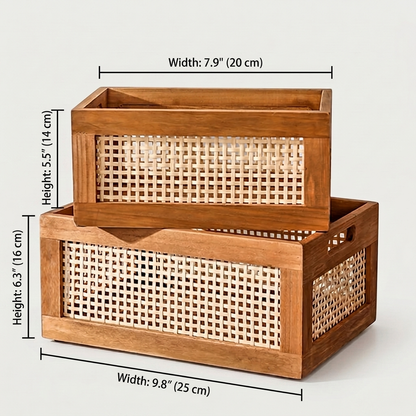 Woven Rattan Storage Basket dimensions diagram showing height and diameter in inches and centimeters