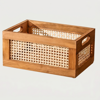 Woven Rattan Storage Basket hero shot with bamboo accents and solid wood base on a clean off-white background