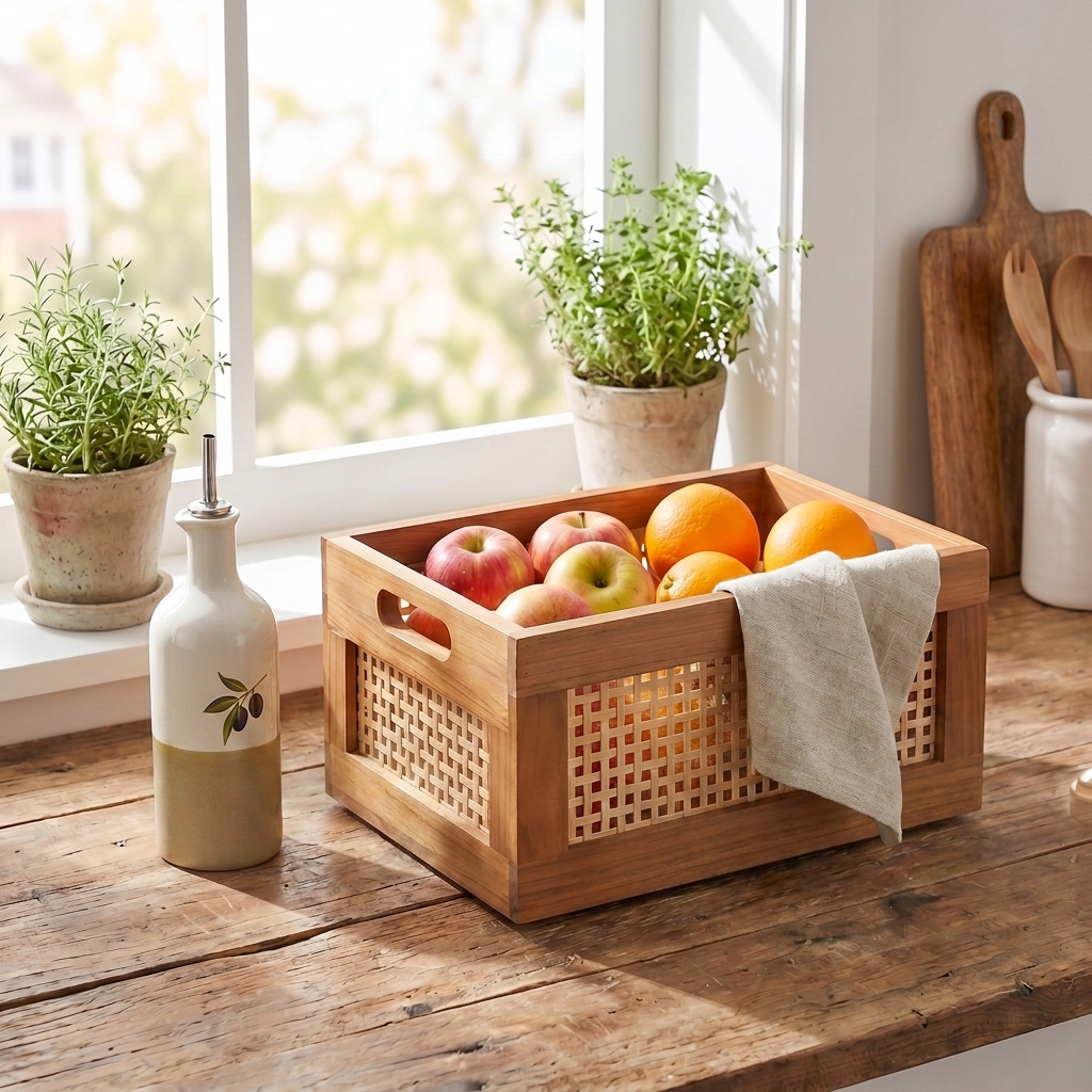 Woven Rattan Storage Basket in a kitchen used for warm, natural everyday organization