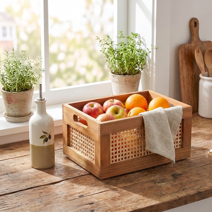 Woven Rattan Storage Basket in a kitchen used for warm, natural everyday organization