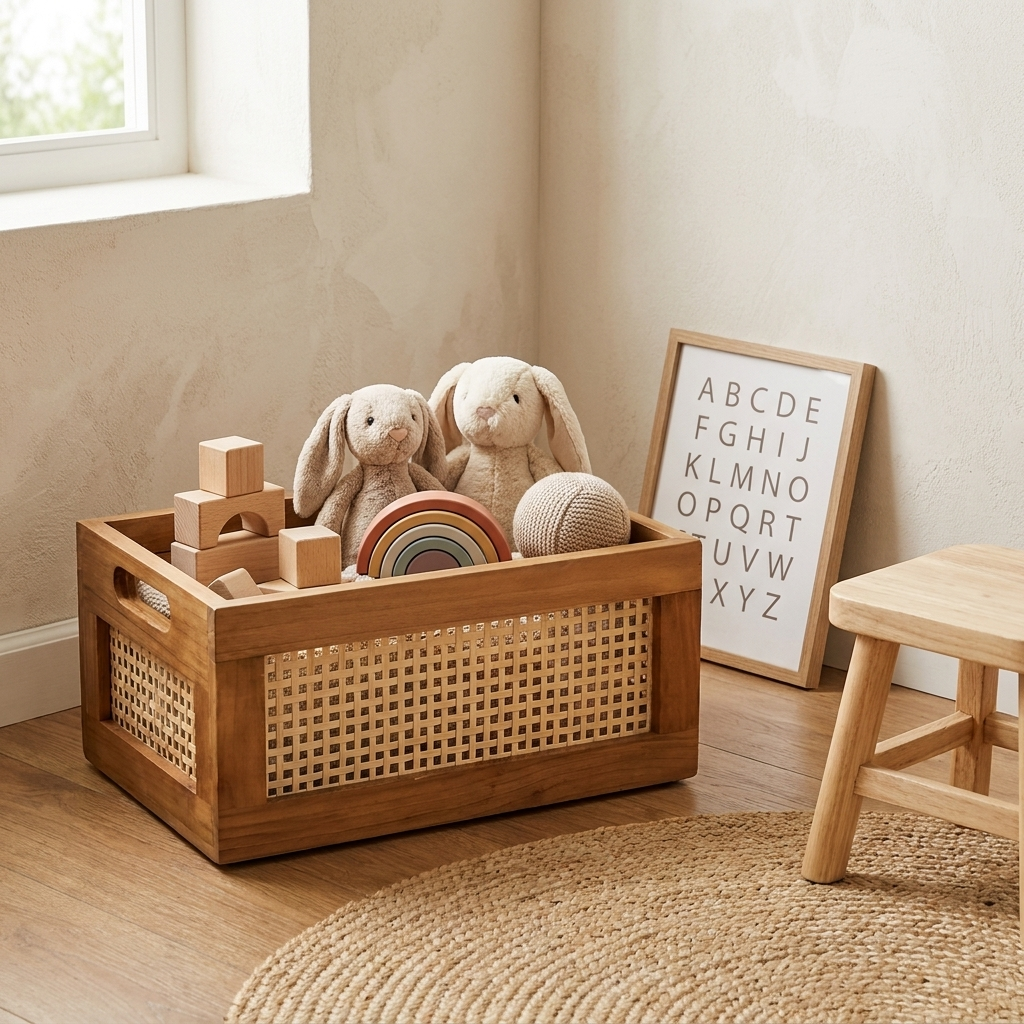 Woven Rattan Storage Basket in a nursery holding toys and soft blankets