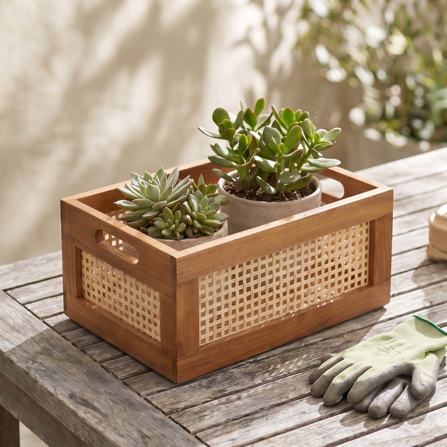 Woven Rattan Storage Basket styled outdoors on a patio for natural storage