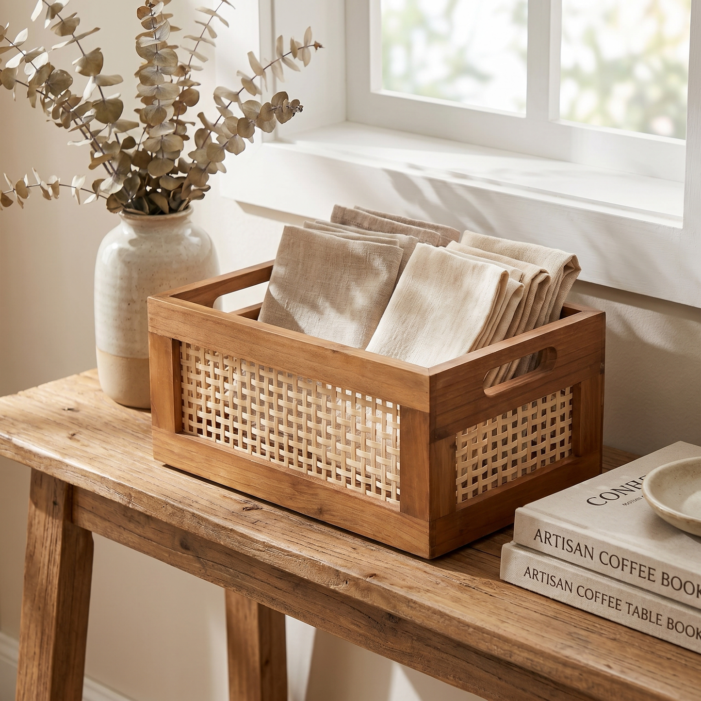 Woven Rattan Storage Basket handwoven from rattan with bamboo accents and a solid wood base