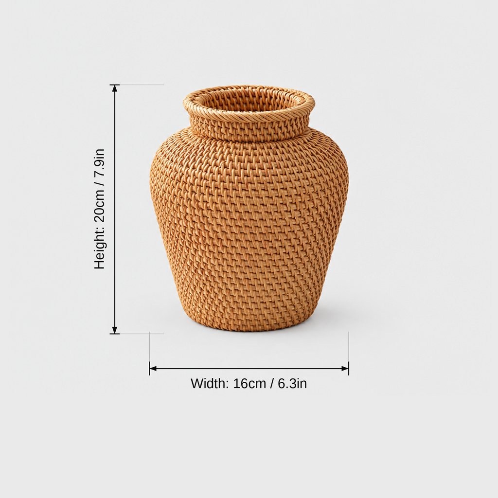 Woven rattan vase with a flared rim on a light grey background with dimensions labeled Height 20 cm or 7.9 in and Width 16 cm or 6.3 in