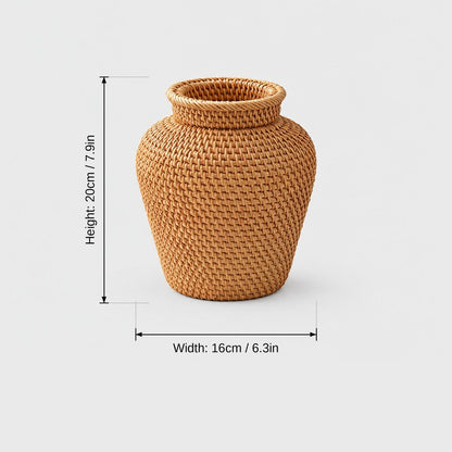 Woven rattan vase with a flared rim on a light grey background with dimensions labeled Height 20 cm or 7.9 in and Width 16 cm or 6.3 in