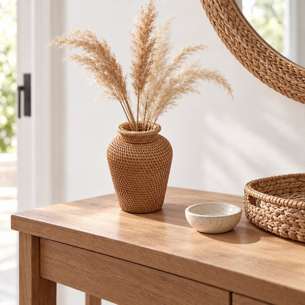 Woven rattan vase with a flared rim holding pampas grass on a wooden console beside a small stone dish, a woven rattan tray and a round woven mirror