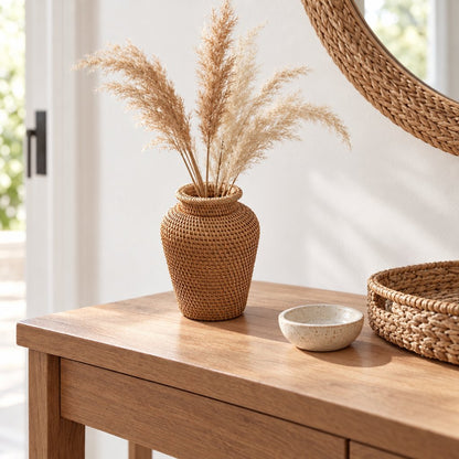 Woven rattan vase with a flared rim holding pampas grass on a wooden console beside a small stone dish, a woven rattan tray and a round woven mirror