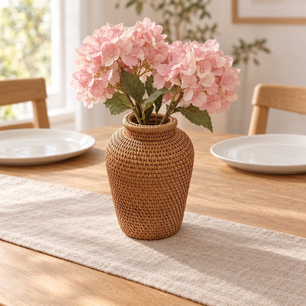 Woven rattan vase with a flared rim holding pink hydrangeas on a linen runner on a wooden dining table between white plates