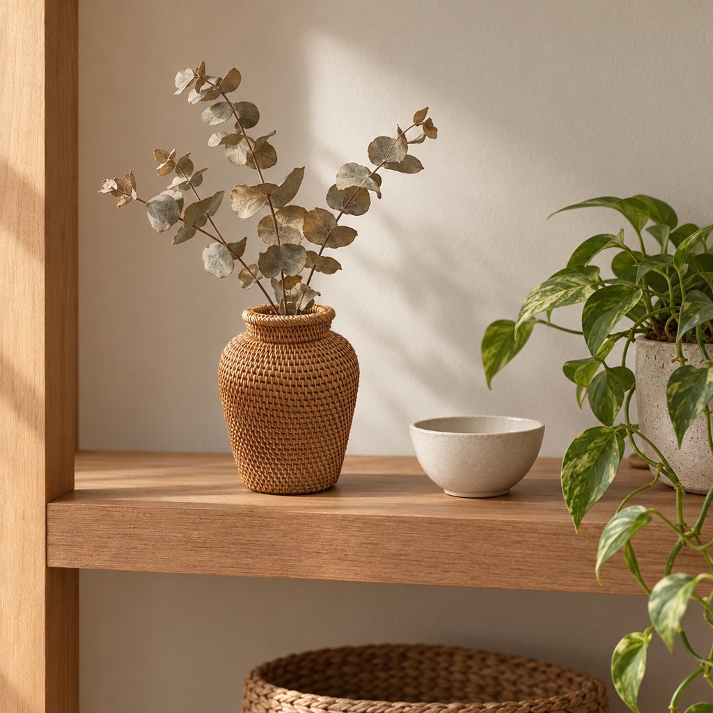 Woven rattan vase with a flared rim holding eucalyptus stems on a wooden shelf beside a white bowl and a trailing green houseplant